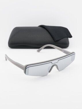 Balenciaga BB0003S 011 Shield Sunglasses - Grey / Silver Mirror
